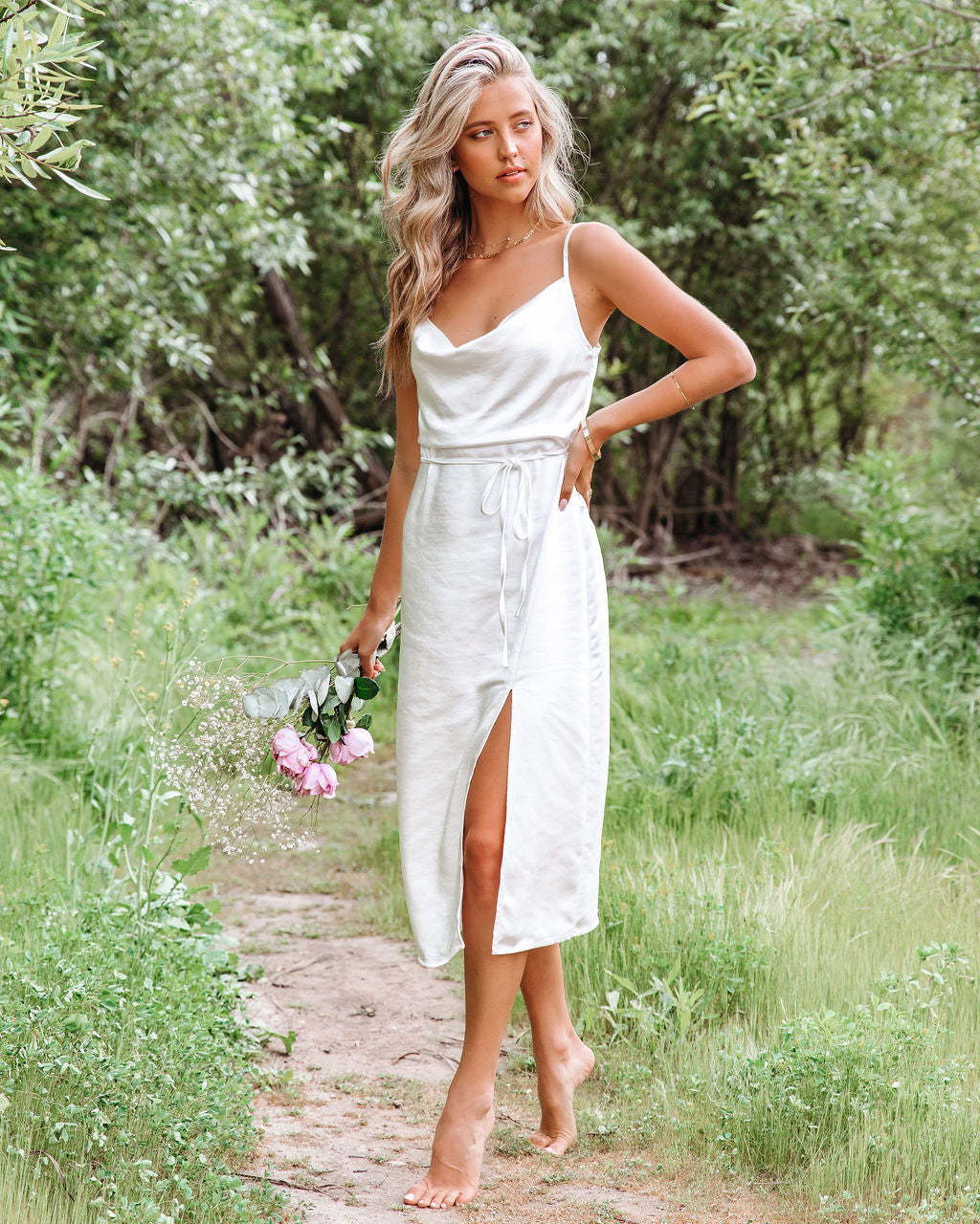 Heart Delicate Satin Slip Midi Dress