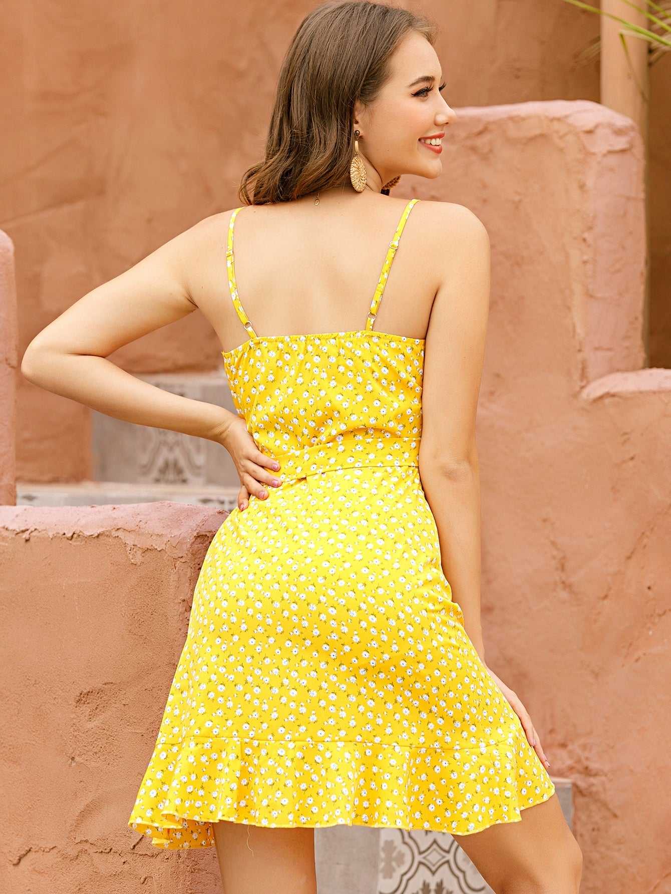Ditsy Botanical Print ruffled hem Knot Side Wrap A line Cami Dress Polka