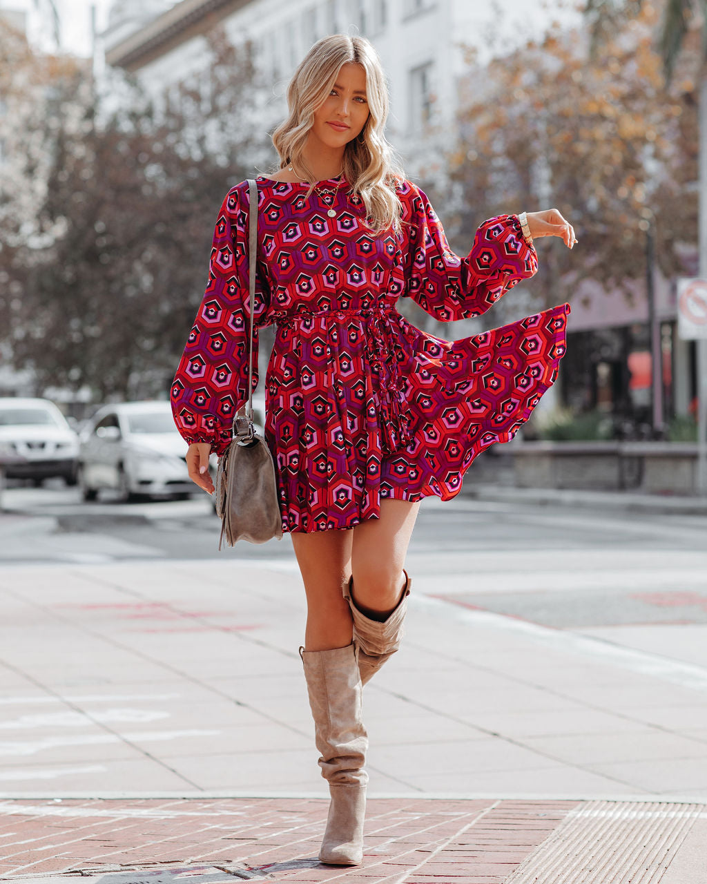 Cotton Dorsey Printed Rope Tie Ruffle Dress