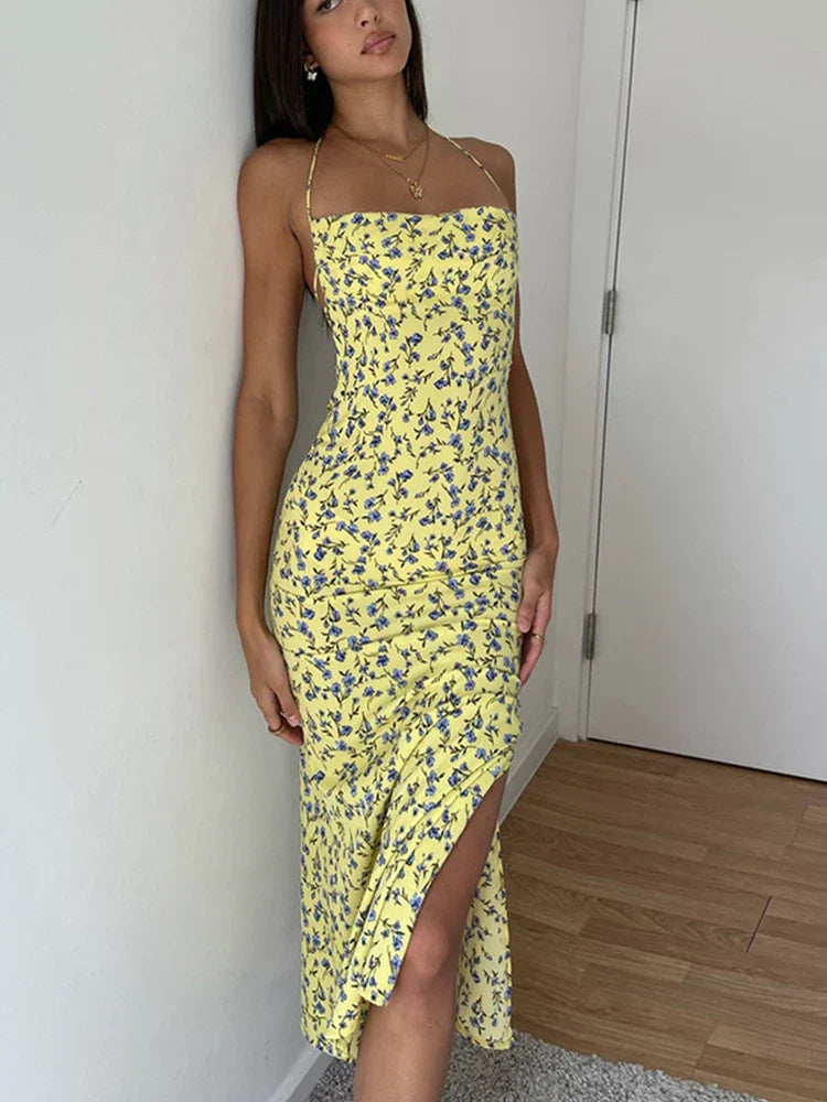 Dulzura Lace Up Halter Bloom Long Bodycon Club Streetwear Sun Midi Dresses