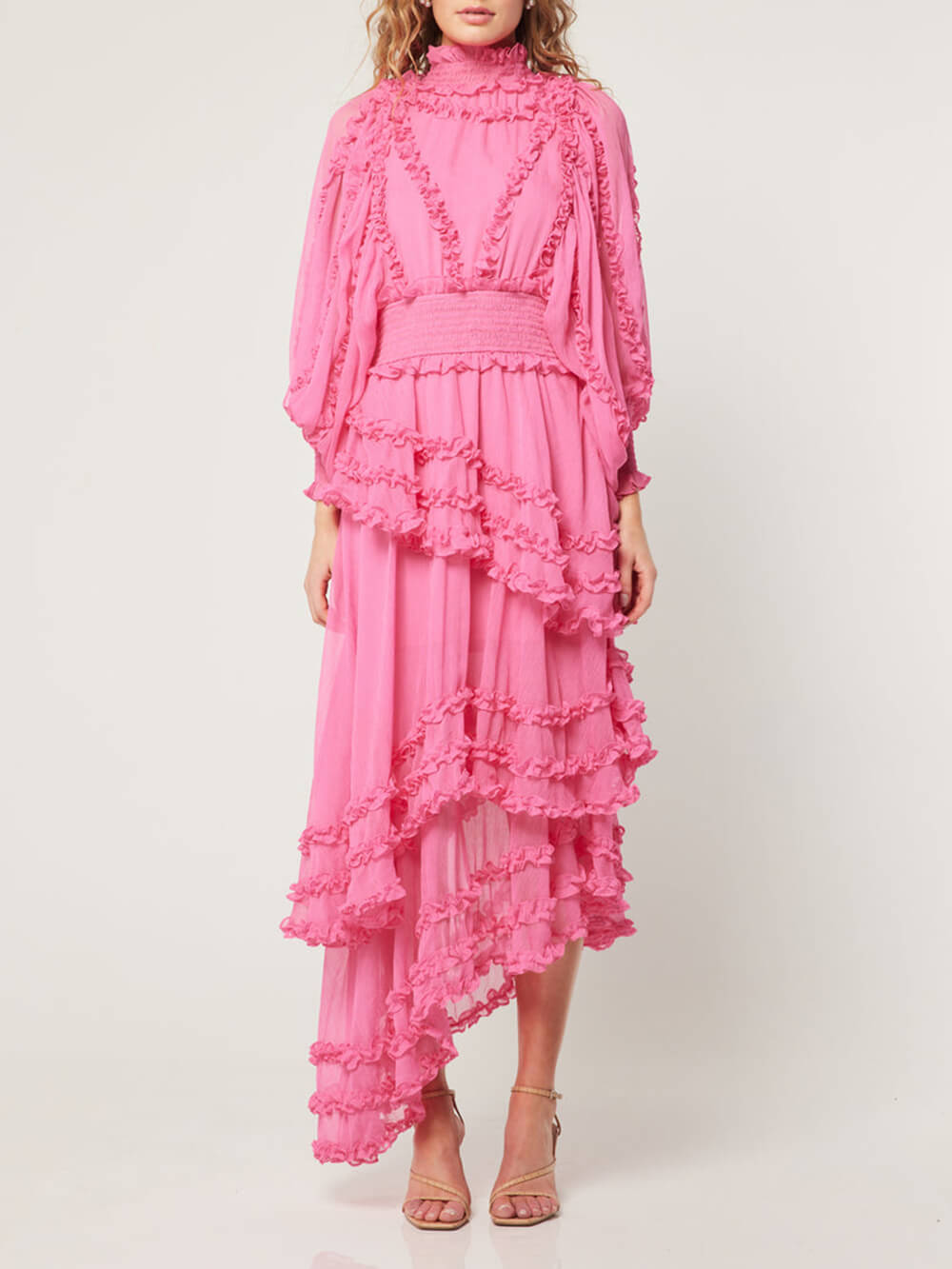 Collar Stand Tierred Ruffles Lantern Sleeve Midi Dress