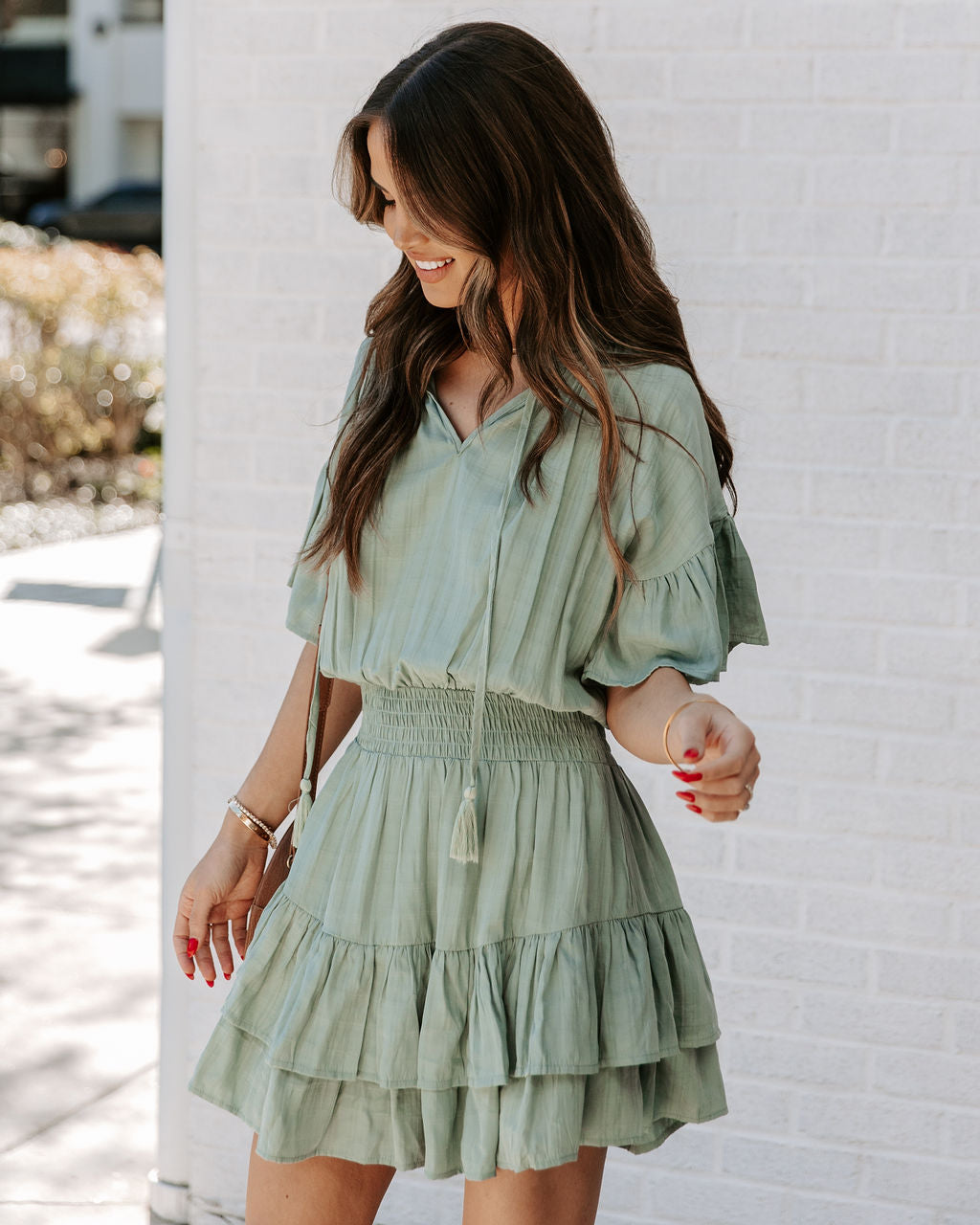 It Slow Down Smocked Tassel Dress Sage