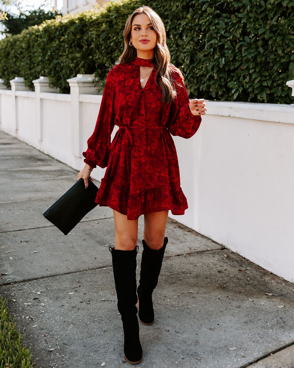 Mazy Pocketed Flower Keyhole Dress Wine