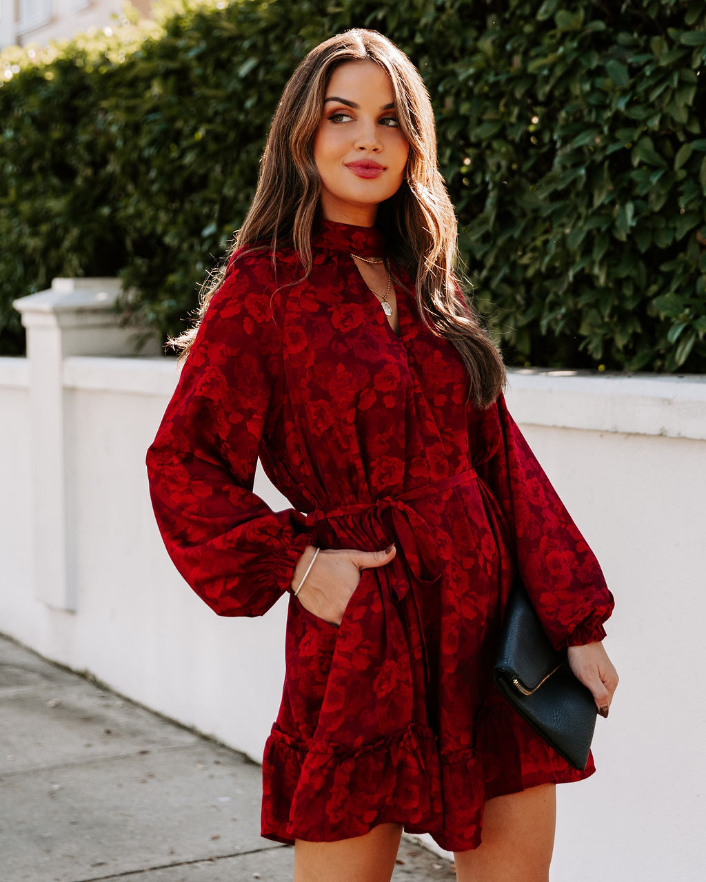Mazy Pocketed Flower Keyhole Dress Wine