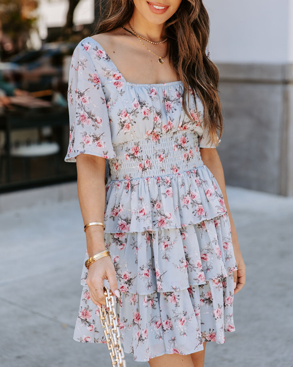Brianna Bloom Ruffle Tiered Dress Light Blue