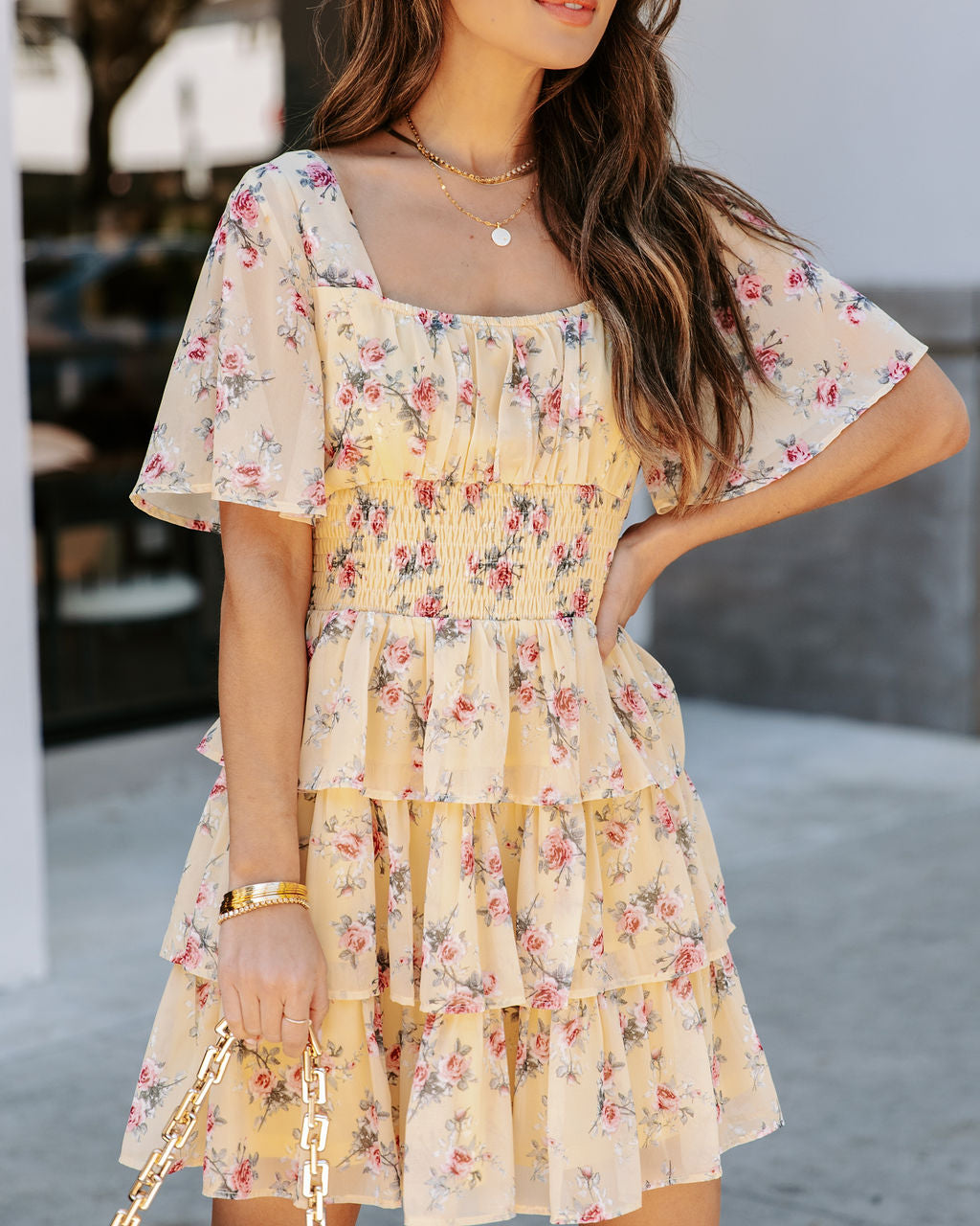 Brianna Flower Ruffle Tiered Dress Yellow