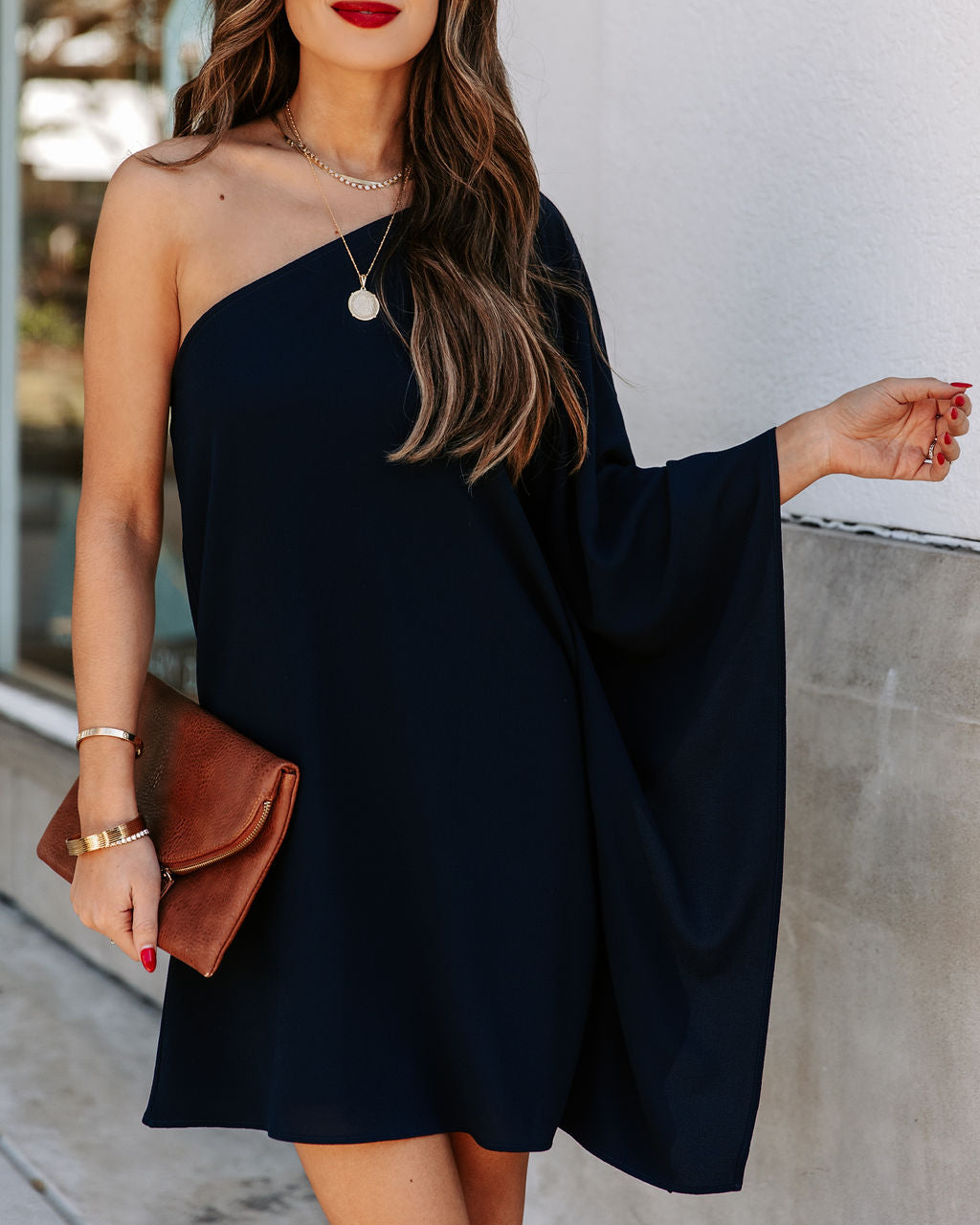 To Side Side One Shoulder Statement Dress Navy