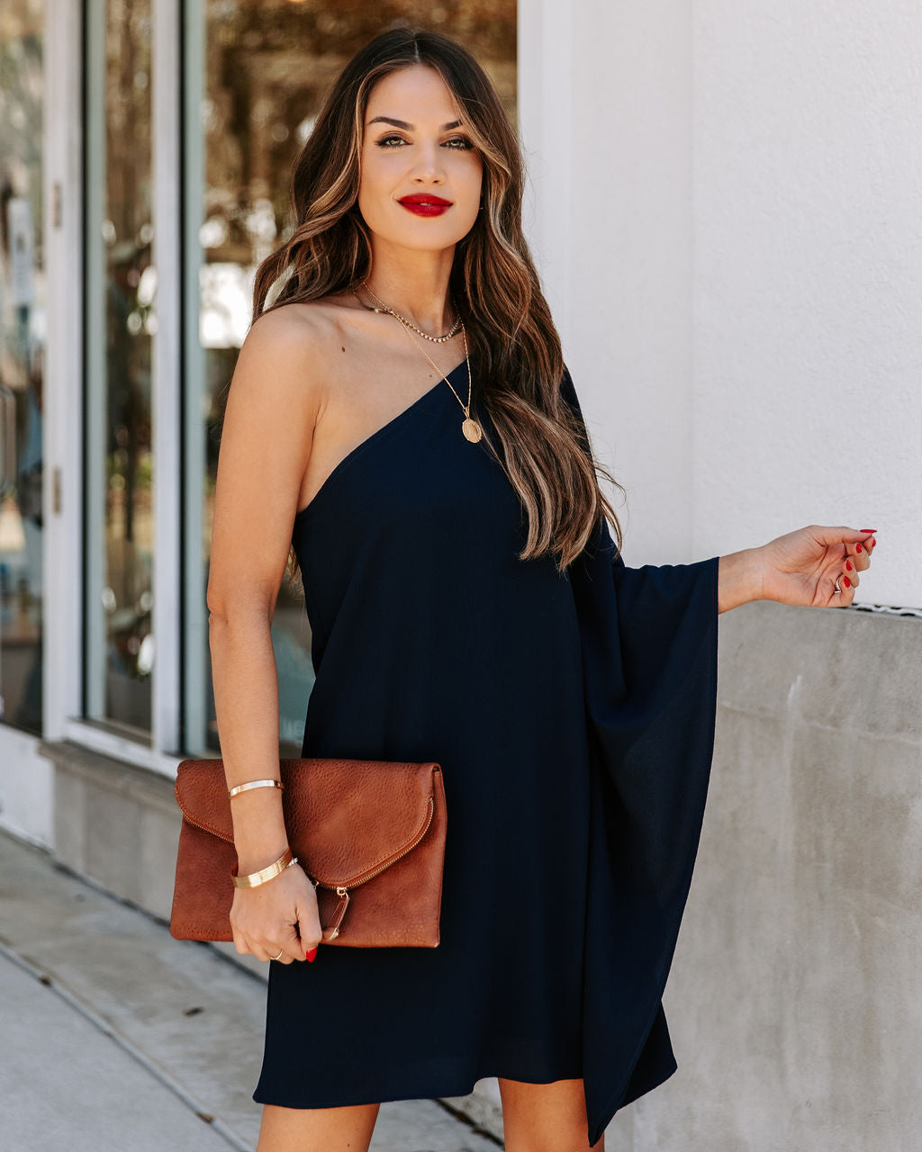 To Side Side One Shoulder Statement Dress Navy