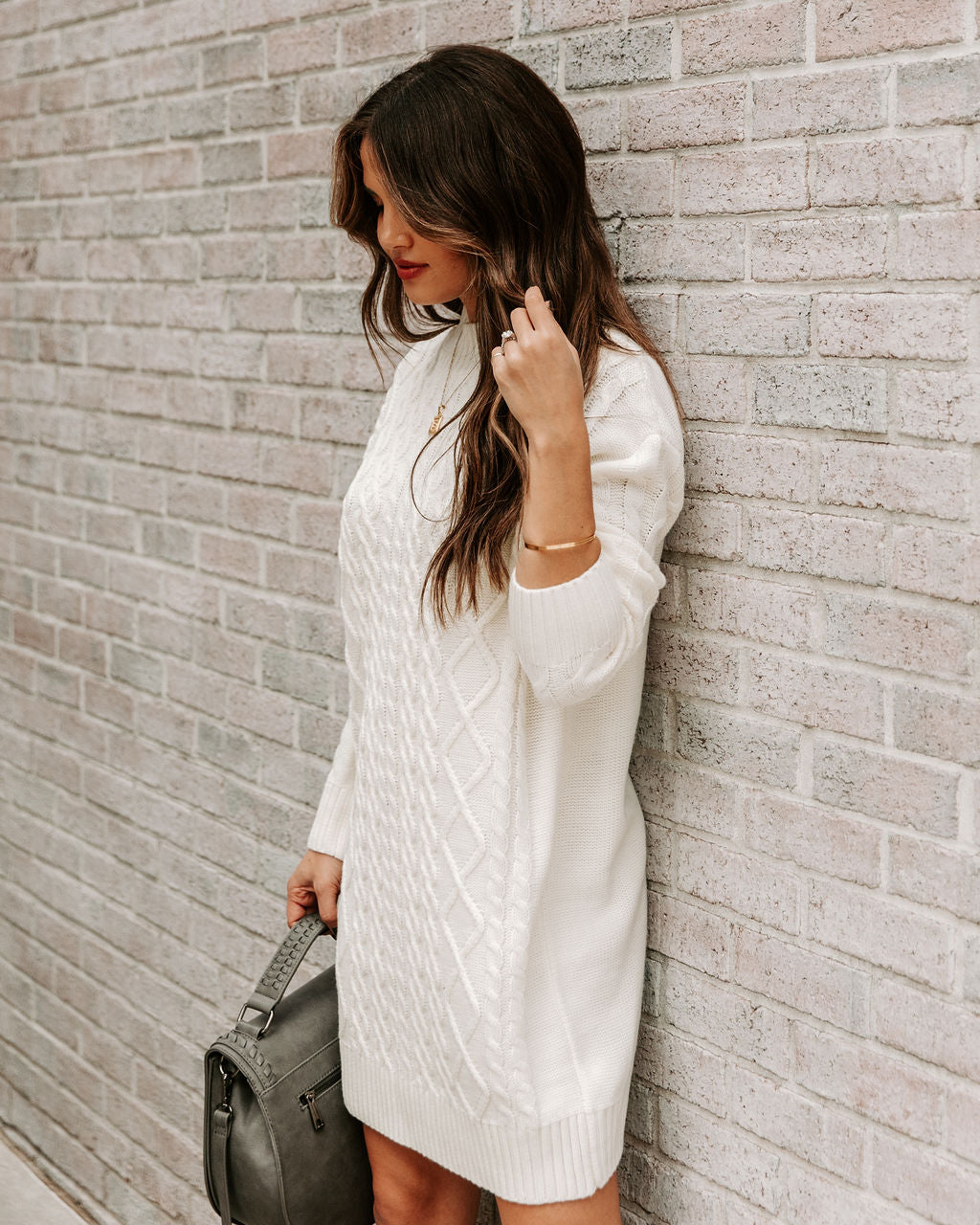 Peak Snow Cable Knit Sweater Dress Cream