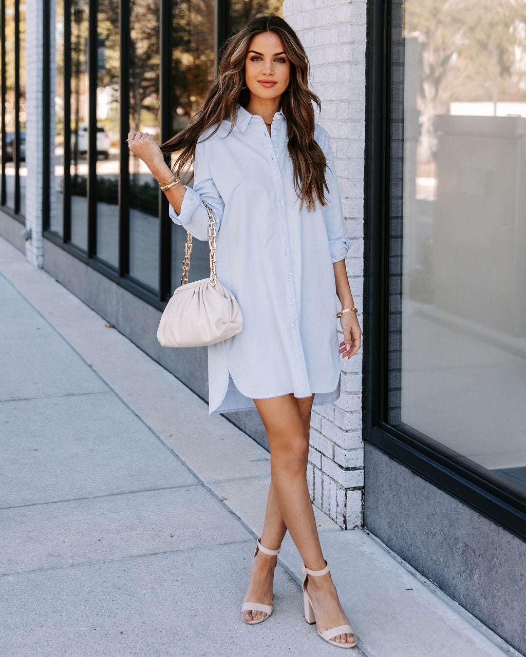 Business Risky Pocketed Button Down Shirt Dress Sky Blue