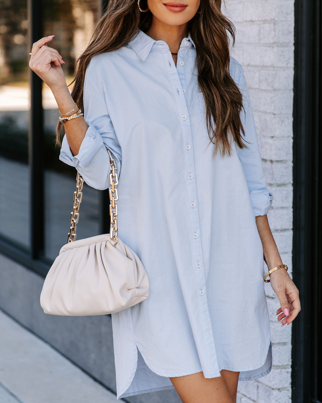 Business Risky Pocketed Button Down Shirt Dress Sky Blue