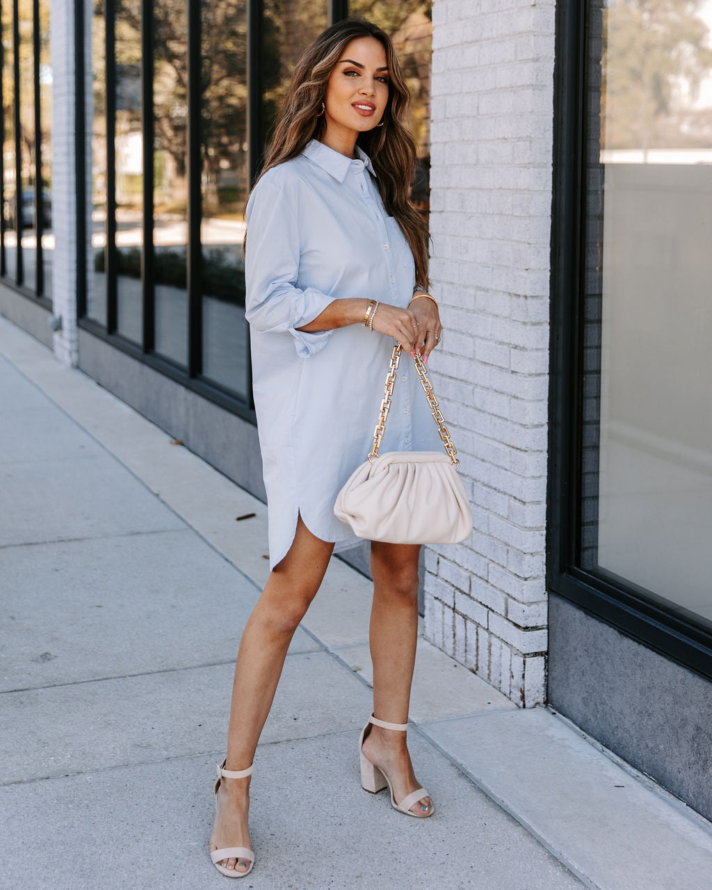 Business Risky Pocketed Button Down Shirt Dress Sky Blue