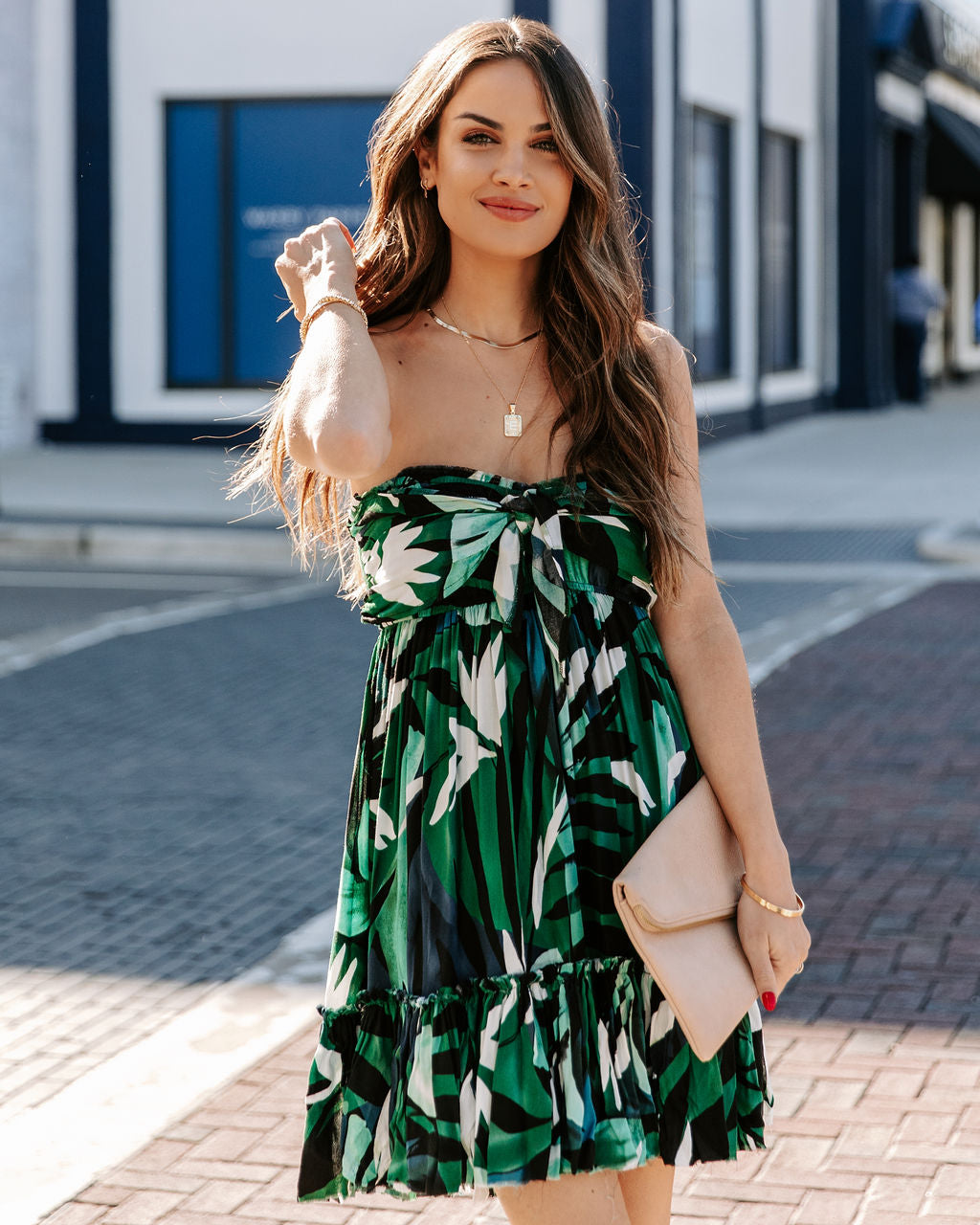 Leaf Hosta Strapless Tie Front Babydoll Dress