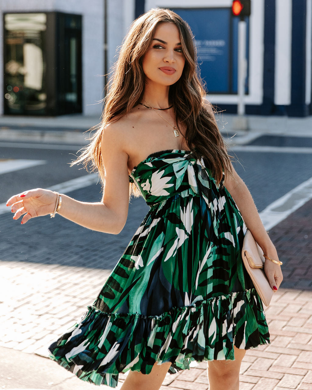 Leaf Hosta Strapless Tie Front Babydoll Dress