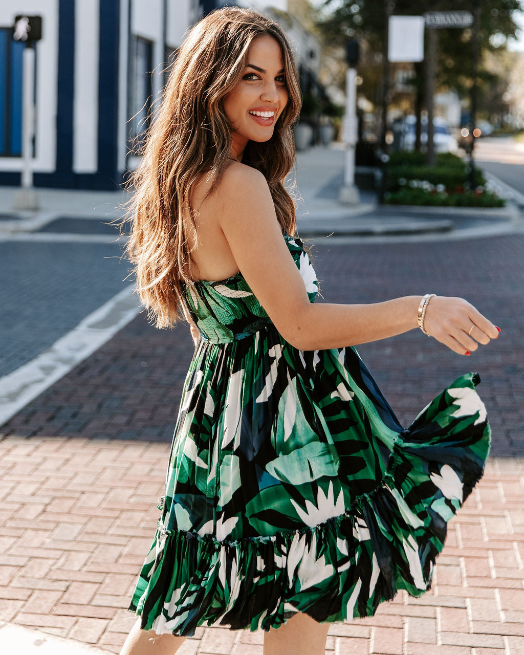 Leaf Hosta Strapless Tie Front Babydoll Dress