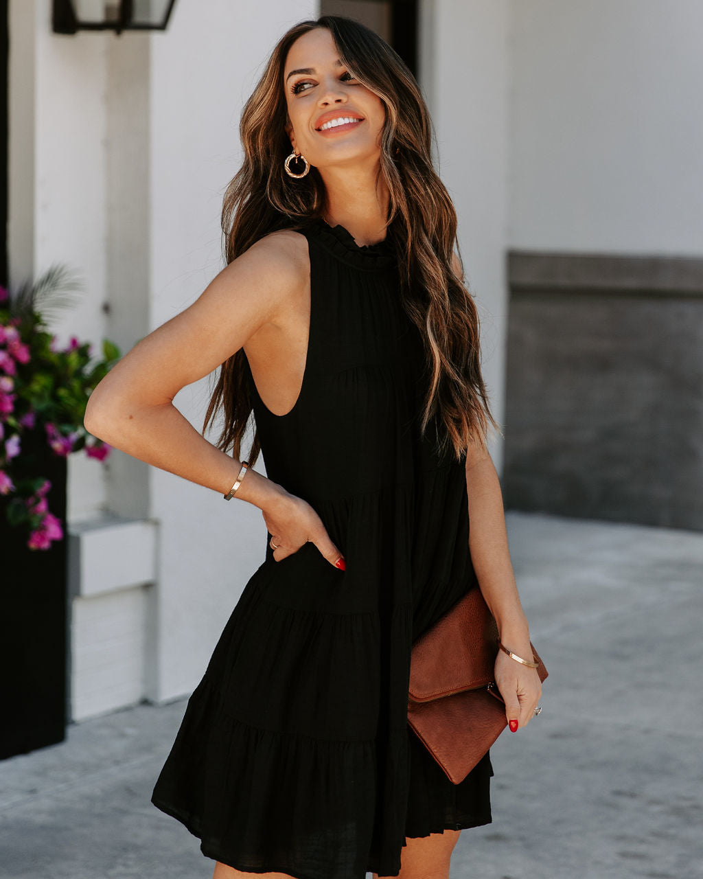Pocketed Brenley Tiered Babydoll Dress Black