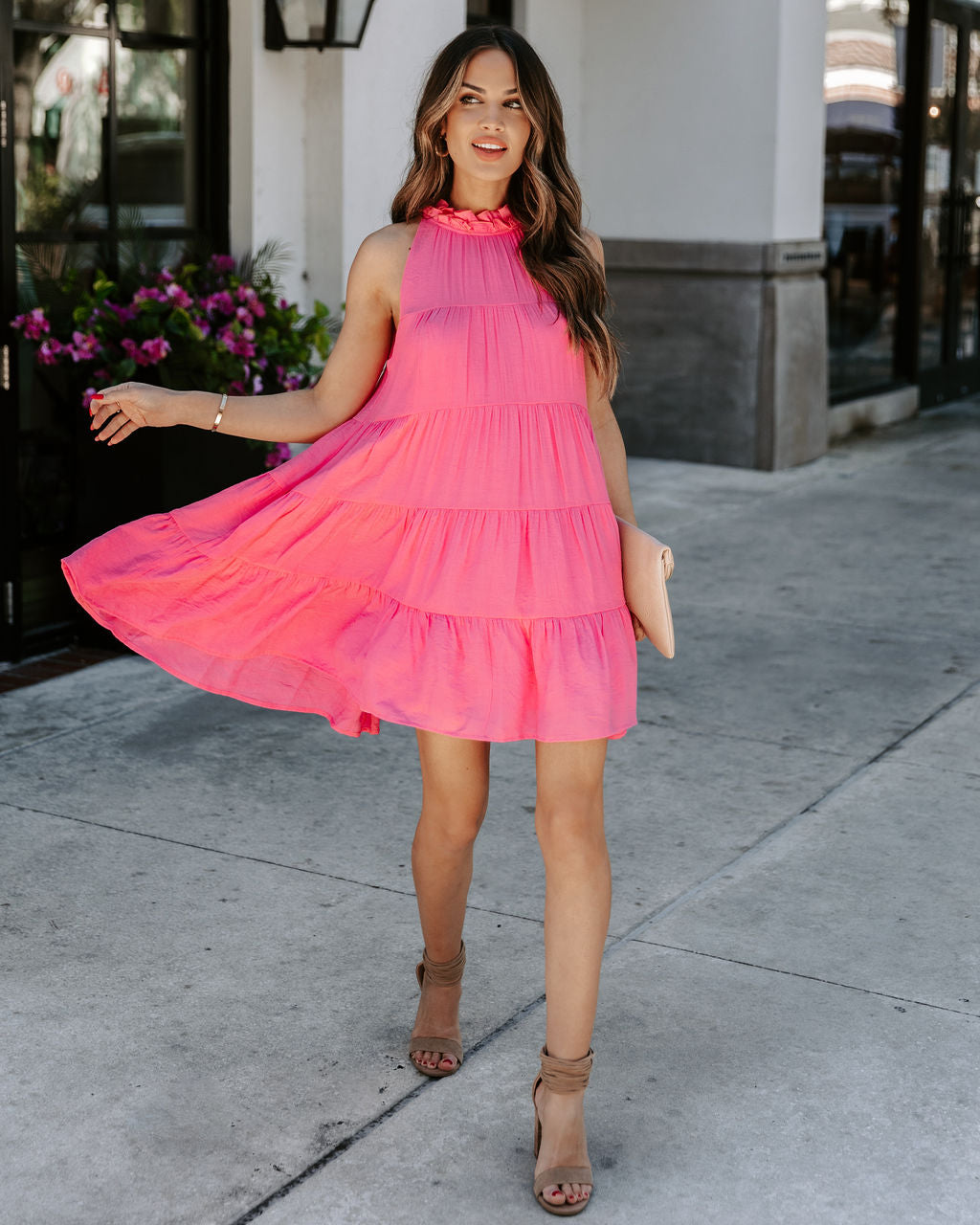 Pocketed Brenley Tiered Babydoll Dress Pink