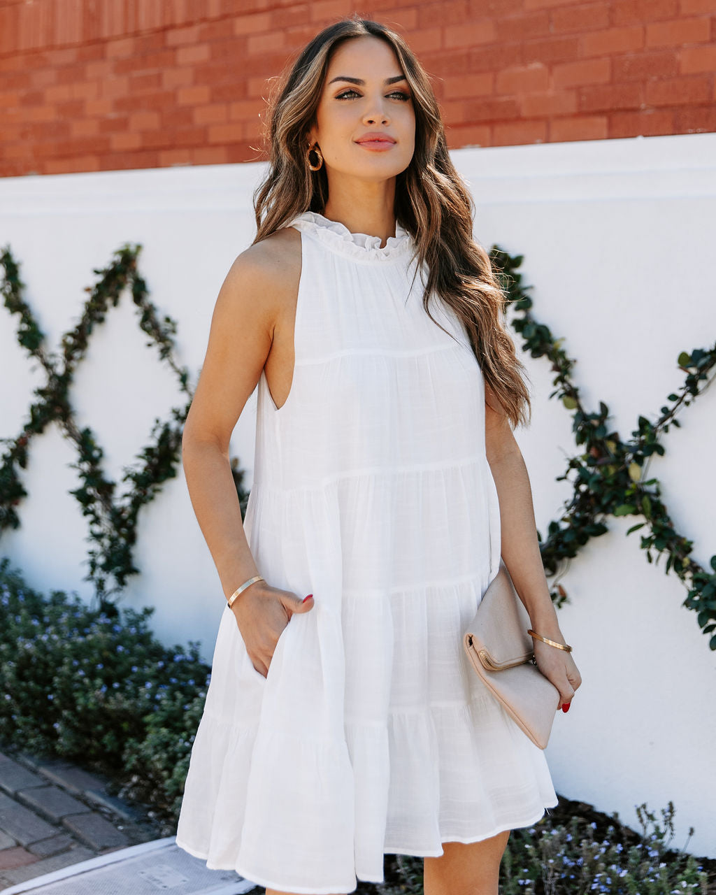 Pocketed Brenley Tiered Babydoll Dress Off White