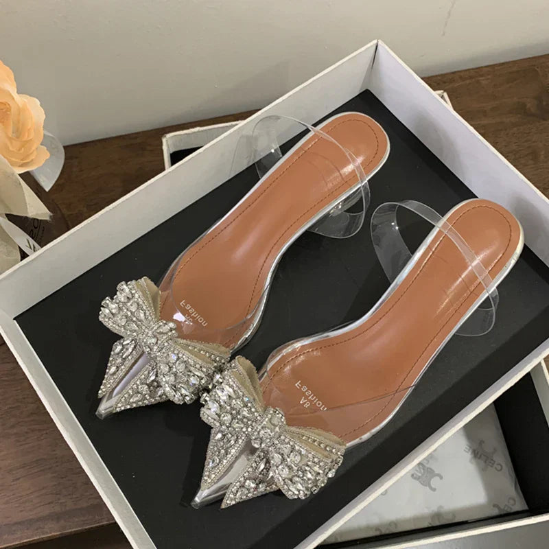 Graceful PVC Transparent Sequined Bowknot Women High Party Prom Shoes Low Heel Pumps