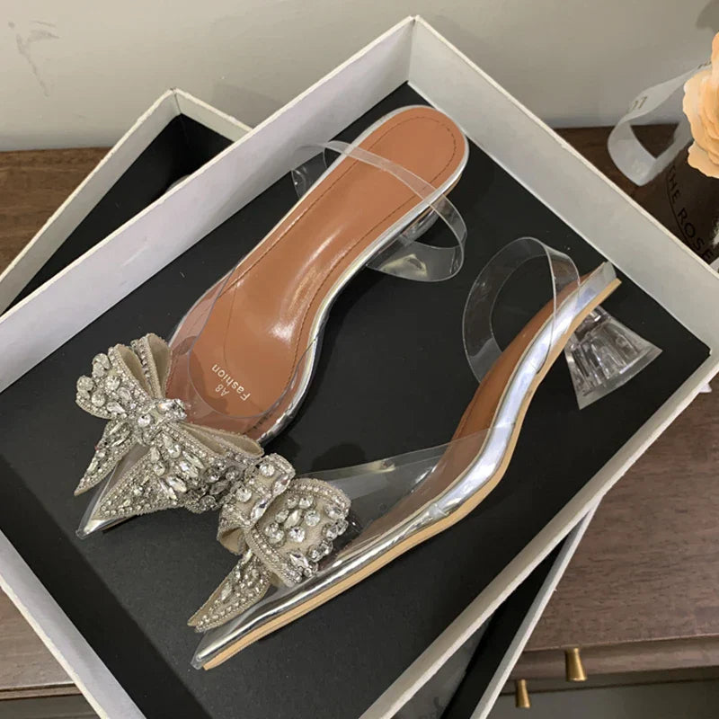 Graceful PVC Transparent Sequined Bowknot Women High Party Prom Shoes Low Heel Pumps