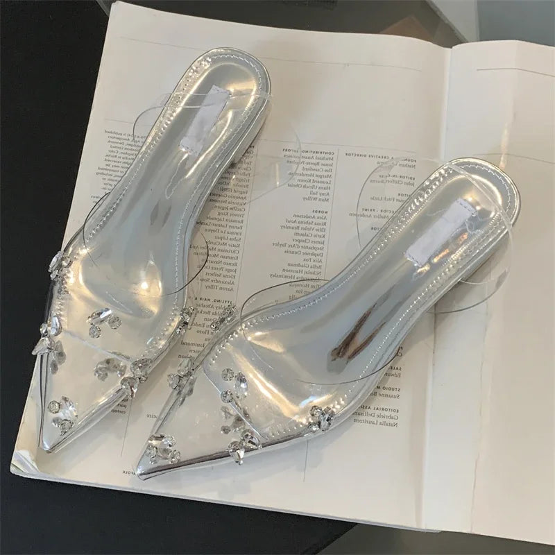 Street Style Mule Women Fashion PVC Transparent Graceful Pointed Toe Party Prom Shoes Low Heel Pumps