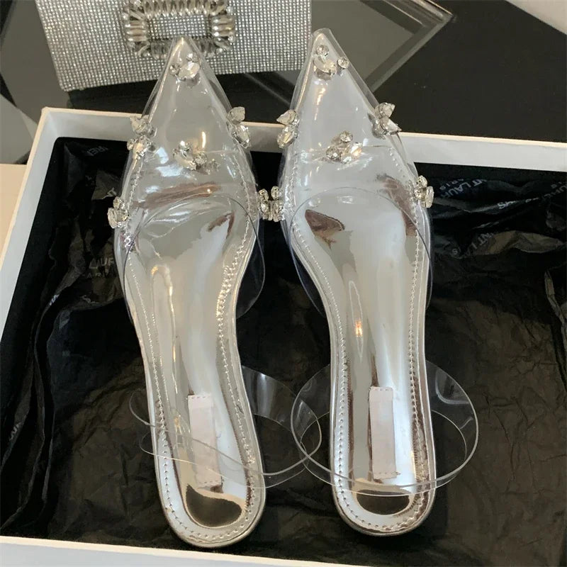 Street Style Mule Women Fashion PVC Transparent Graceful Pointed Toe Party Prom Shoes Low Heel Pumps