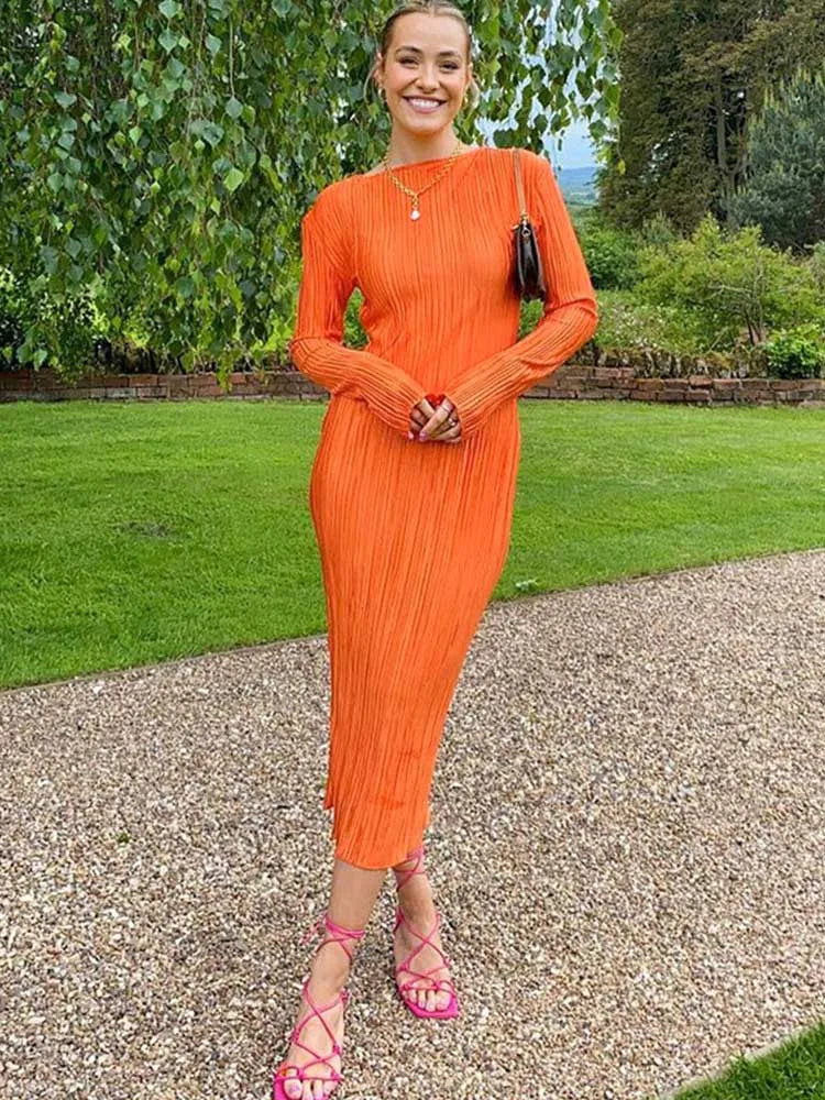 Sleeve Flare Oneck Bodycon Midi Dress