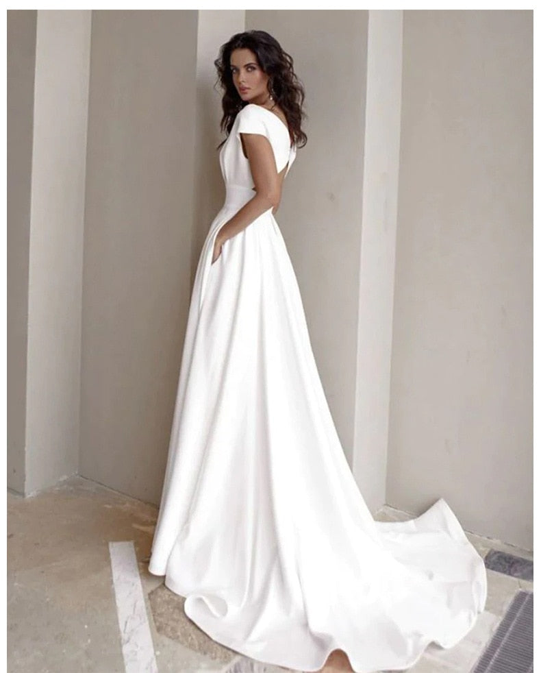 Graceful Casual Women's Dresses Vneck Side Slit Backless White Long Skirt Wedding