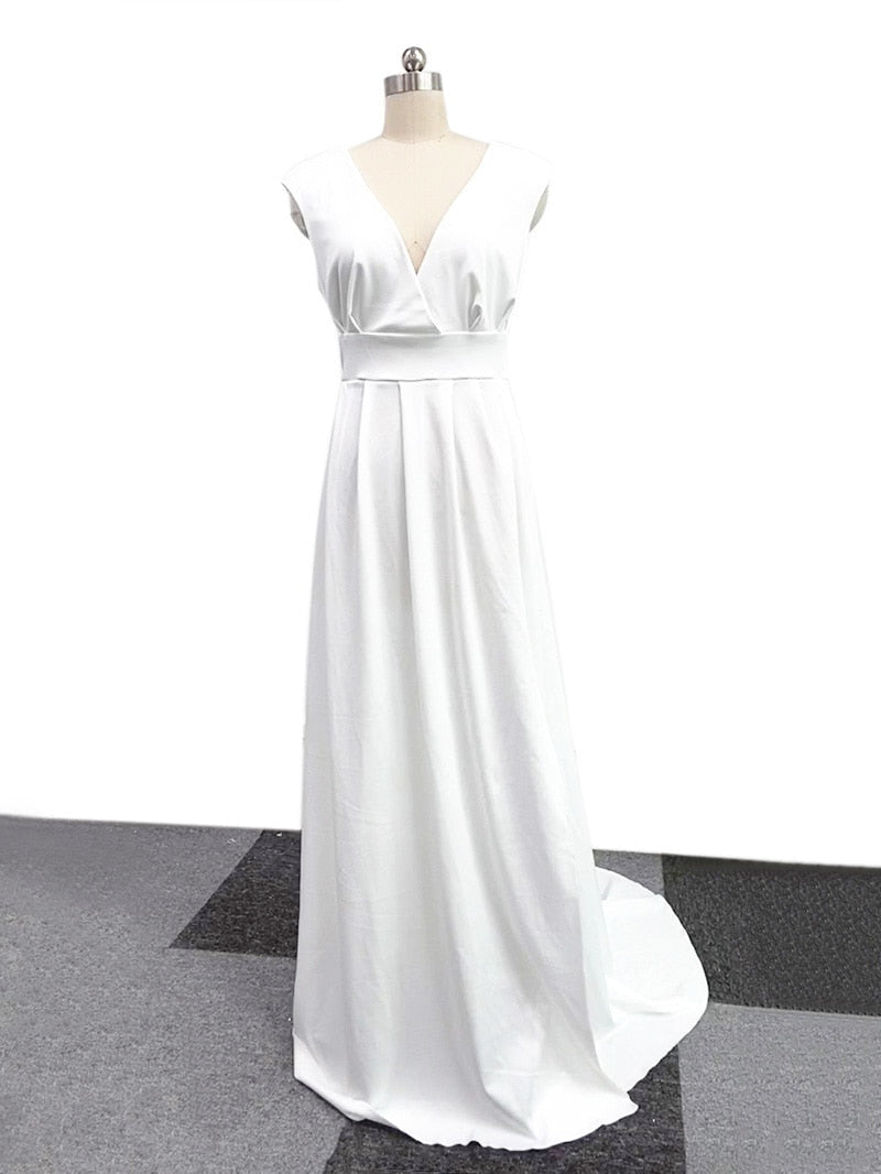 Graceful Casual Women's Dresses Vneck Side Slit Backless White Long Skirt Wedding