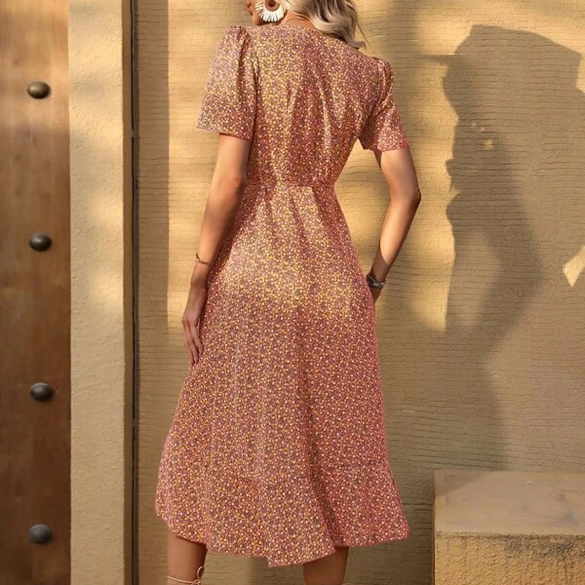 Refined Floral H Shaped V Neck Puff Sleeve Midi Dress