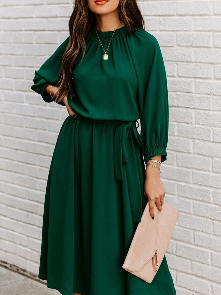 Refined Office Dress Formal Loose Green Long Sleeve Belt ALine Midi Dresses