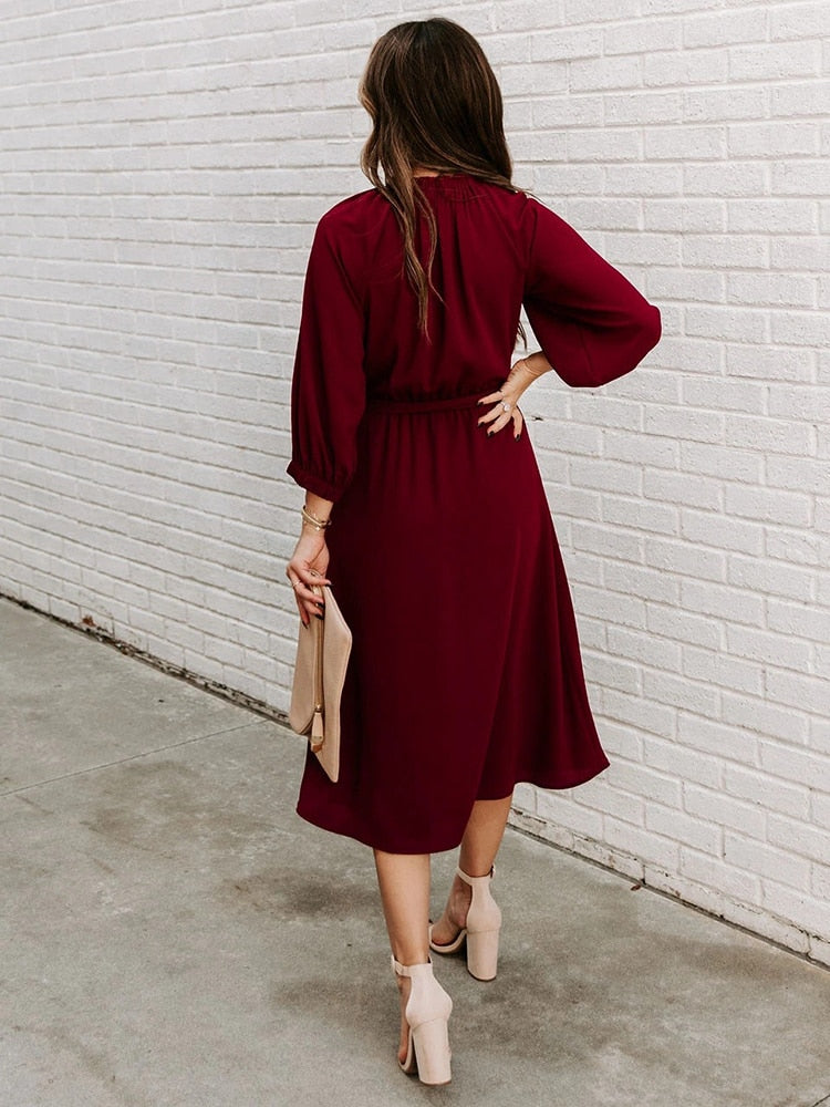 Refined Office Dress Formal Loose Green Long Sleeve Belt ALine Midi Dresses
