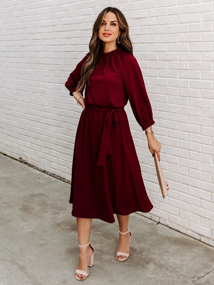 Refined Office Dress Formal Loose Green Long Sleeve Belt ALine Midi Dresses
