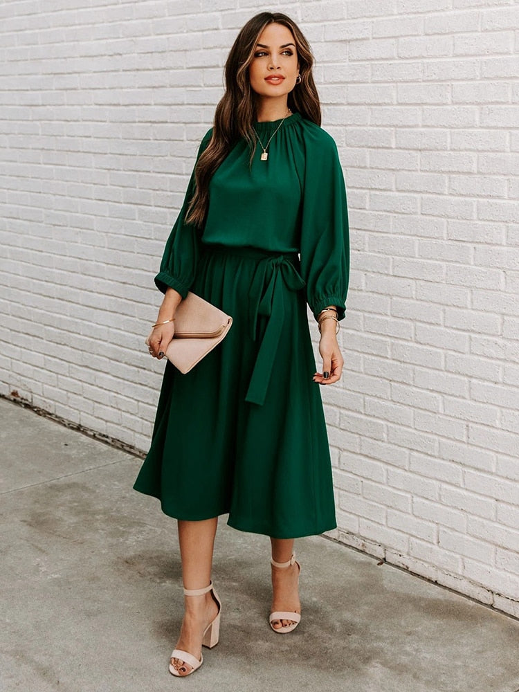 Refined Office Dress Formal Loose Green Long Sleeve Belt ALine Midi Dresses