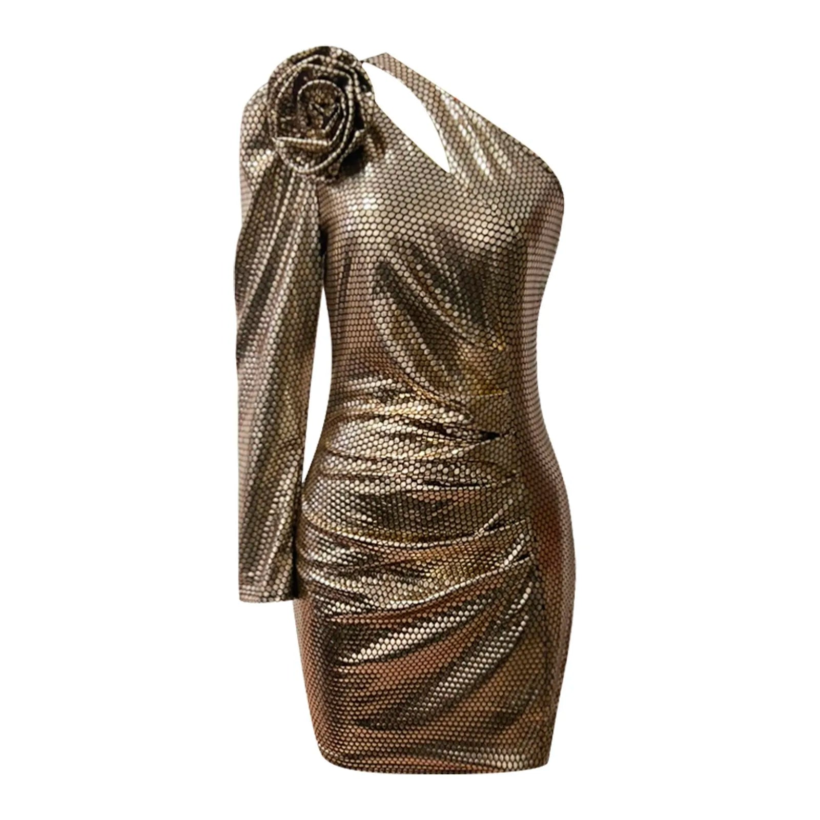 Graceful One Shoulder Bronzing Hollow Out Long Sleeve Mini Dress