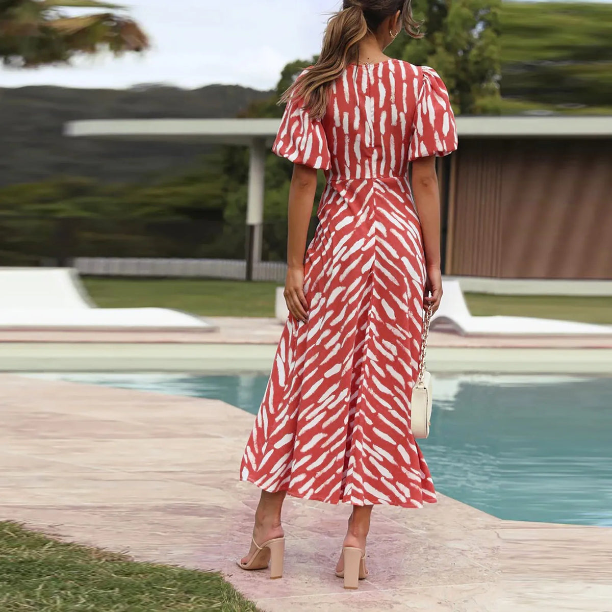 Refined Boho Stripe Print VNeck Puff Sleeve Midi Dress