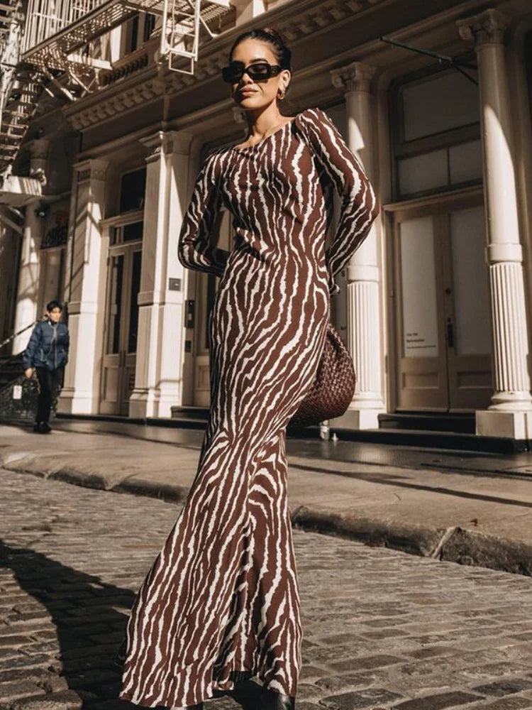 2024 Timeless Zebra Print Long Sleeve Party Maxi Dress