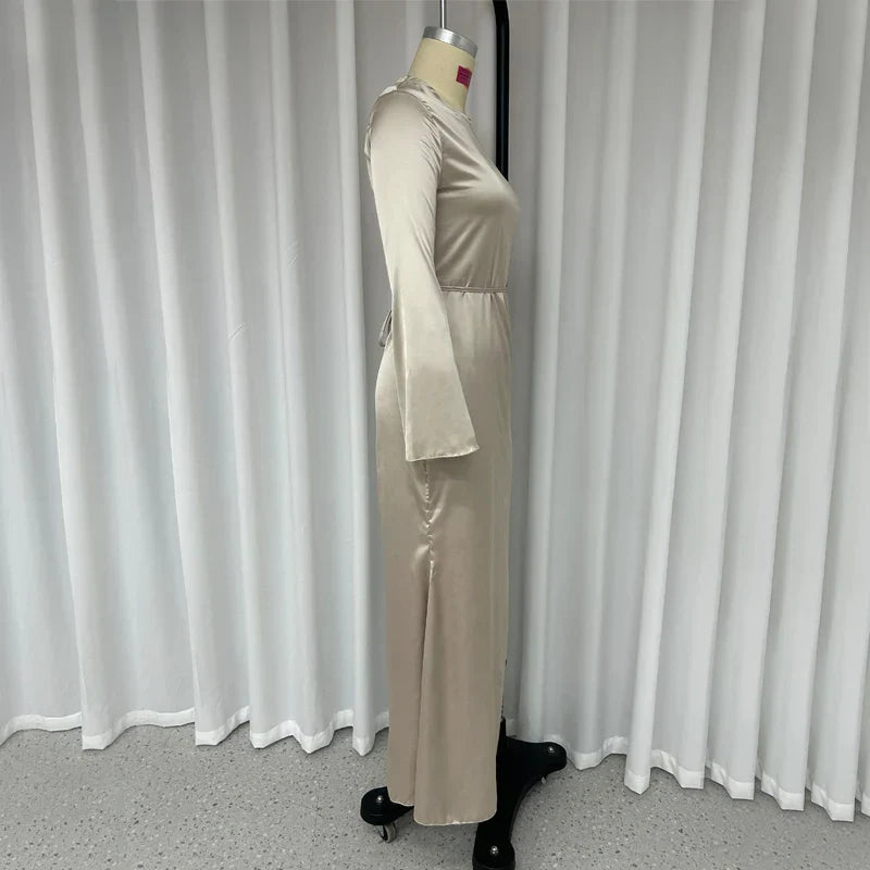 2024 Autumn Style Slim Flare Sleeve Lace Up Maxi Dress