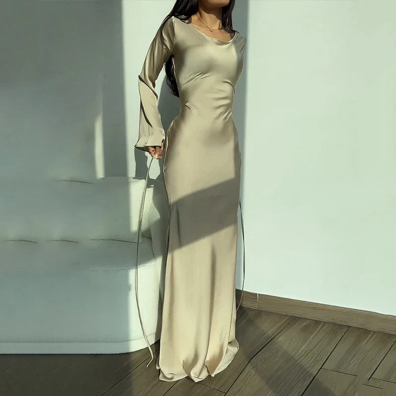 2024 Autumn Style Slim Flare Sleeve Lace Up Maxi Dress