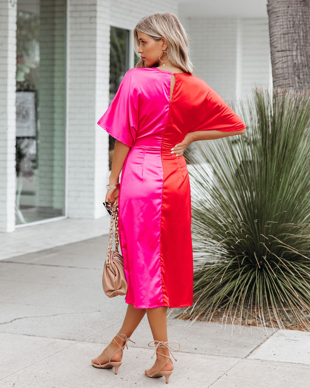 Satin Essex Colorblock Twist Midi Dress Red Pink FINAL