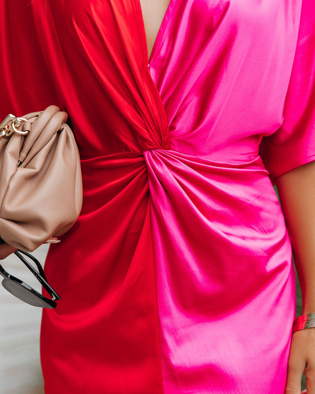 Satin Essex Colorblock Twist Midi Dress Red Pink FINAL