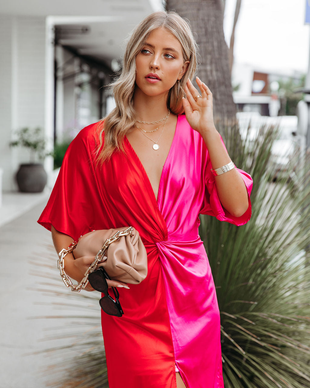 Satin Essex Colorblock Twist Midi Dress Red Pink FINAL