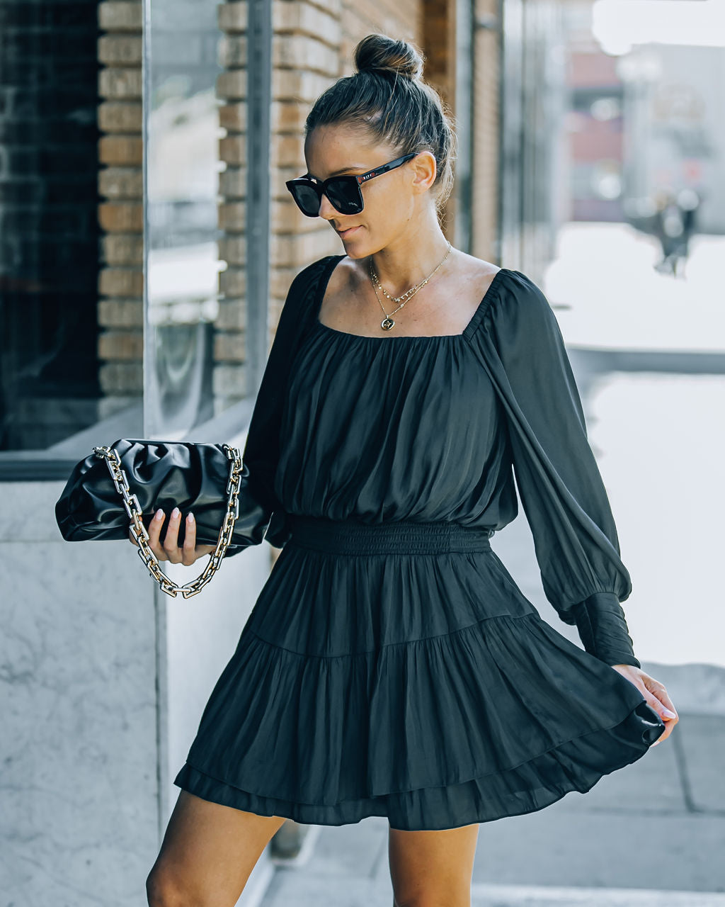 Smocked Ayla Ruffle Mini Dress Washed Black FINAL