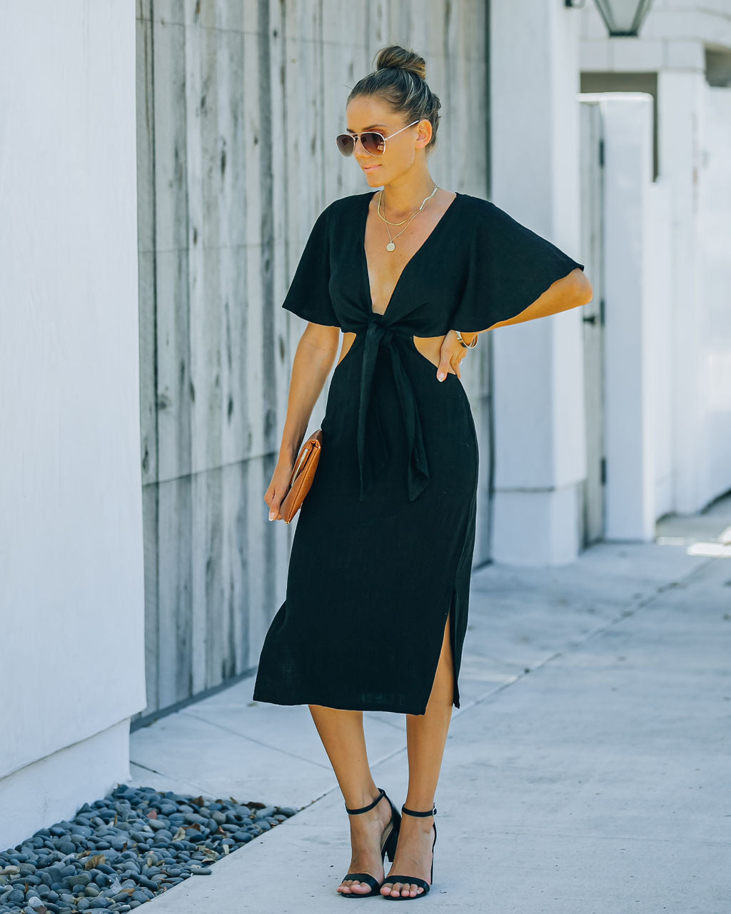 Linen Jenner Blend Tie Front Cutout Midi Dress Black FINAL