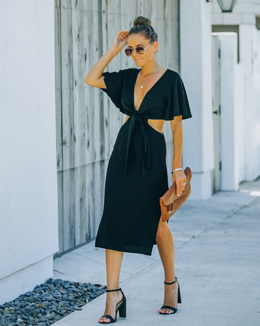 Linen Jenner Blend Tie Front Cutout Midi Dress Black FINAL