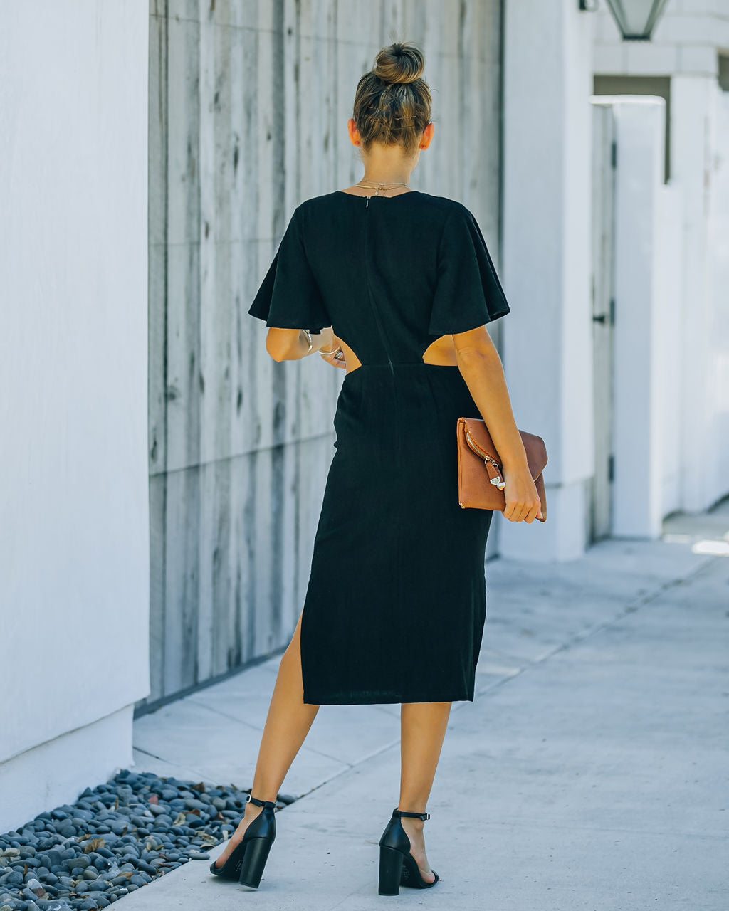 Linen Jenner Blend Tie Front Cutout Midi Dress Black FINAL