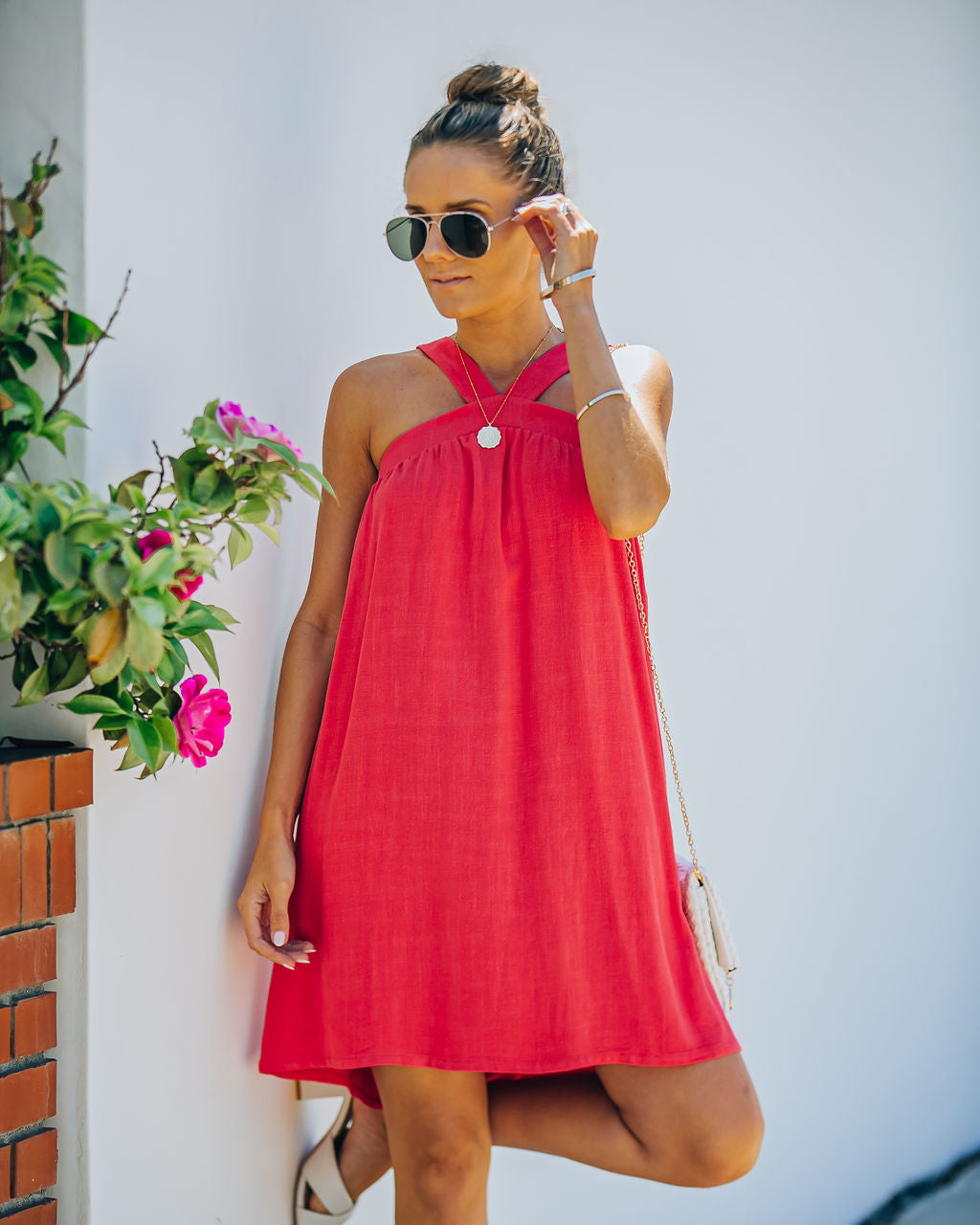 Fun Hot Linen Blend Halter Dress Hot Pink