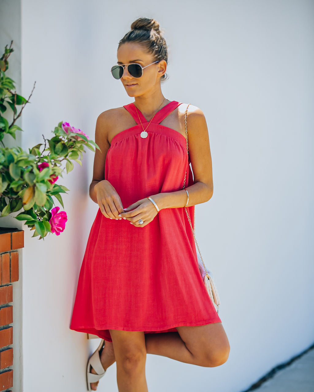 Fun Hot Linen Blend Halter Dress Hot Pink