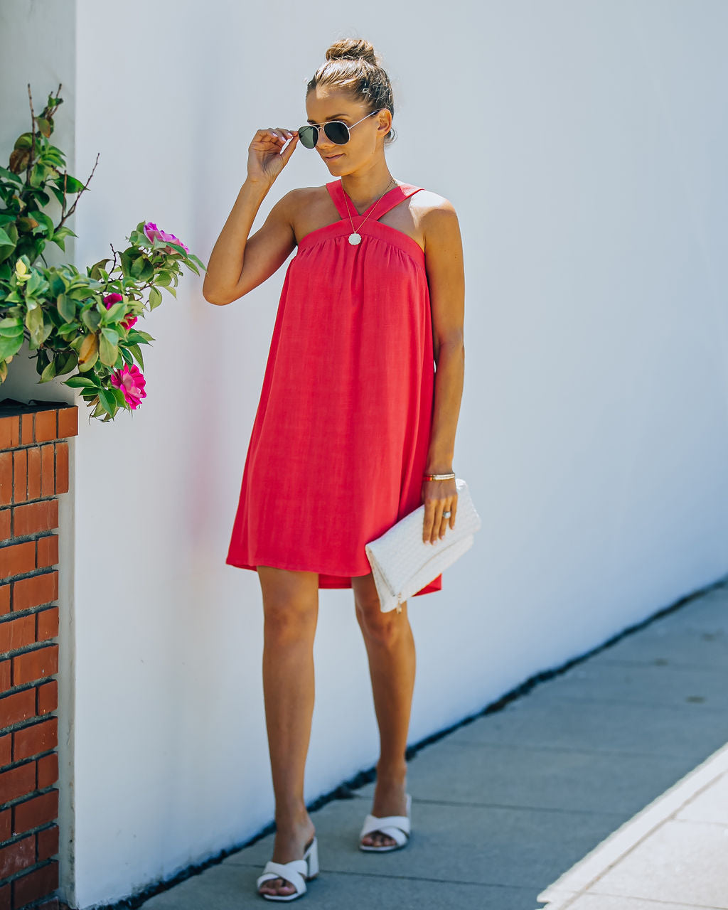 Fun Hot Linen Blend Halter Dress Hot Pink