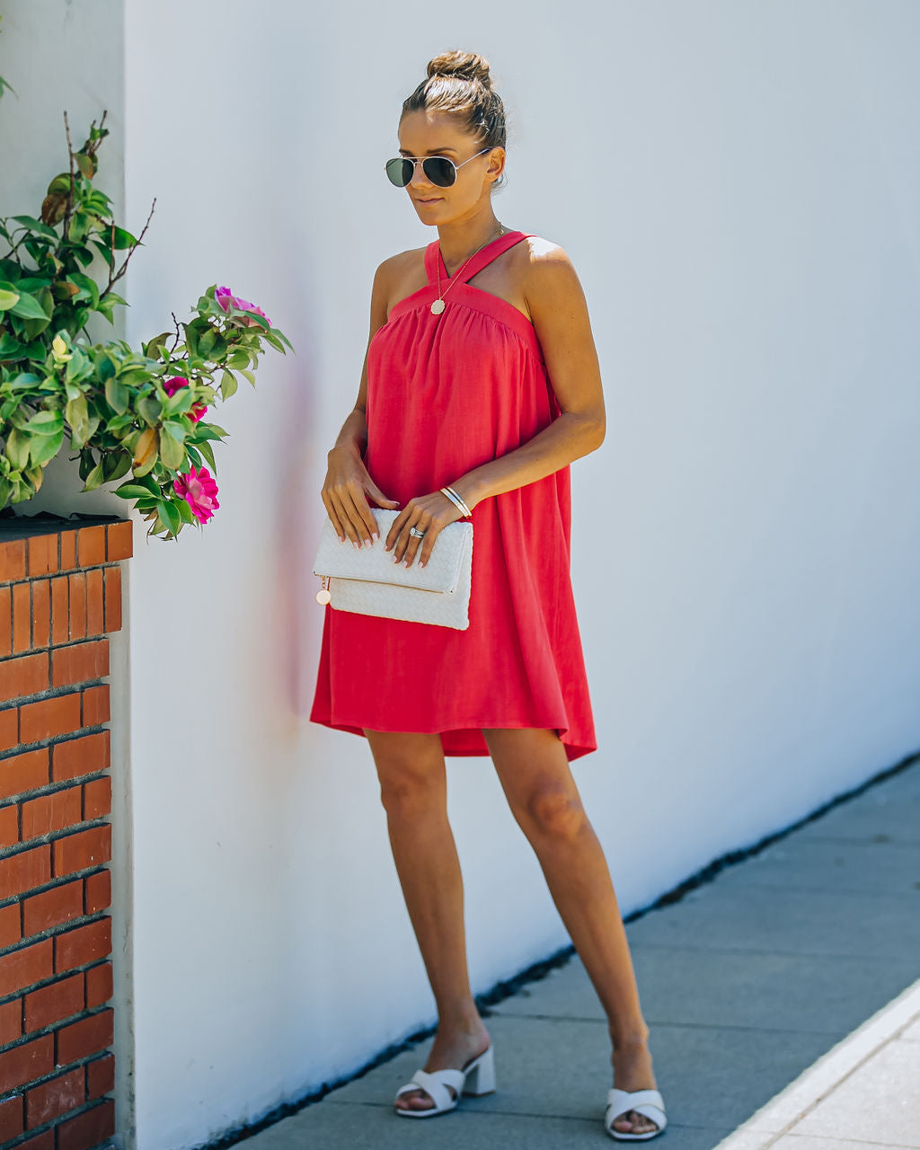 Fun Hot Linen Blend Halter Dress Hot Pink